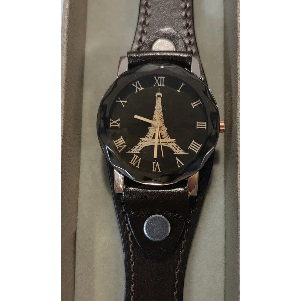 Vintage Dark Brown Leather-Look Eiffel‎ Tower Casual Wrist Watch